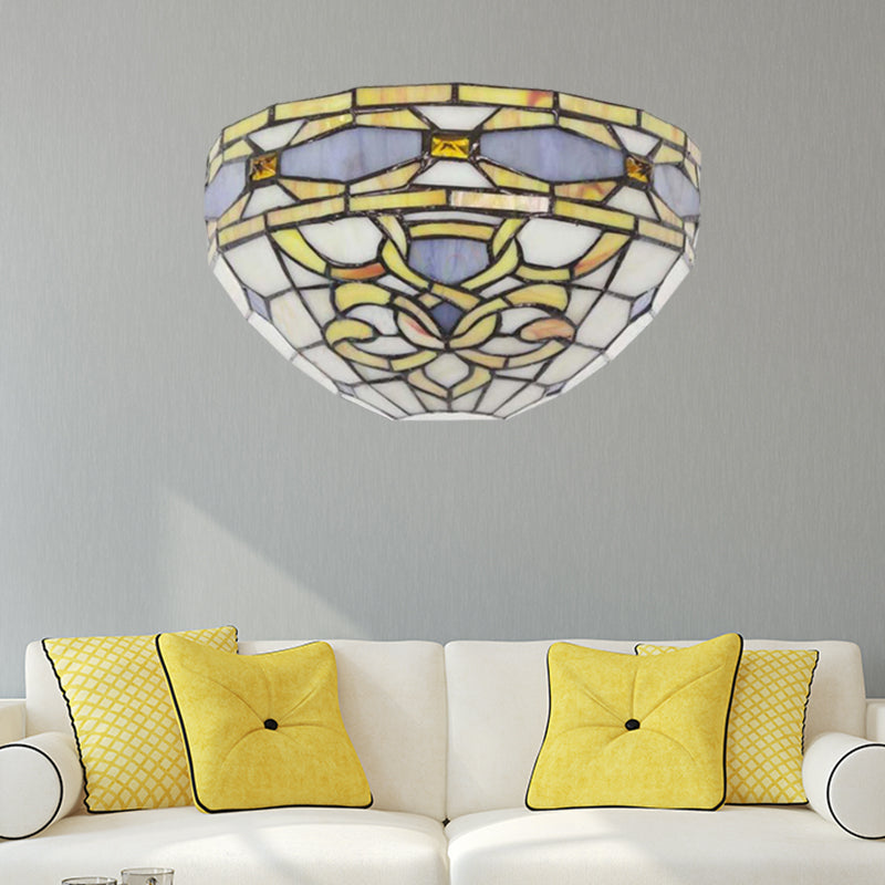 Baroque Bowl Wall Sconce Stained Glass 1 Head Wall Mount Light in Purple and Yellow for Staircase Purple-Yellow Clearhalo 'Industrial' 'Middle century wall lights' 'Tiffany wall lights' 'Tiffany' 'Wall Lamps & Sconces' 'Wall Lights' Lighting' 180891