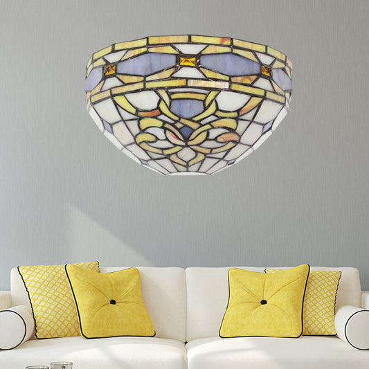 Baroque Bowl Wall Sconce Stained Glass 1 Head Wall Mount Light in Purple and Yellow for Staircase Purple-Yellow Clearhalo 'Industrial' 'Middle century wall lights' 'Tiffany wall lights' 'Tiffany' 'Wall Lamps & Sconces' 'Wall Lights' Lighting' 180891