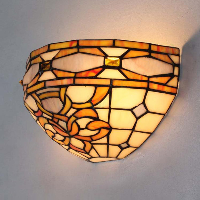 Baroque Bowl Wall Sconce Stained Glass 1 Head Wall Mount Light in Purple and Yellow for Staircase Clearhalo 'Industrial' 'Middle century wall lights' 'Tiffany wall lights' 'Tiffany' 'Wall Lamps & Sconces' 'Wall Lights' Lighting' 180892