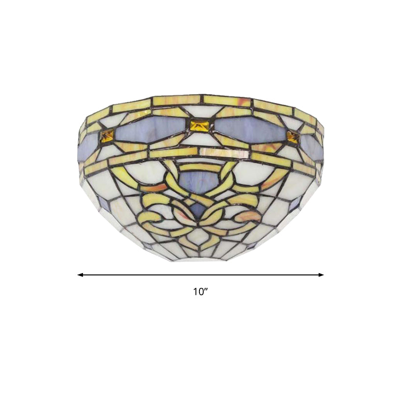 Baroque Bowl Wall Sconce Stained Glass 1 Head Wall Mount Light in Purple and Yellow for Staircase Clearhalo 'Industrial' 'Middle century wall lights' 'Tiffany wall lights' 'Tiffany' 'Wall Lamps & Sconces' 'Wall Lights' Lighting' 180894