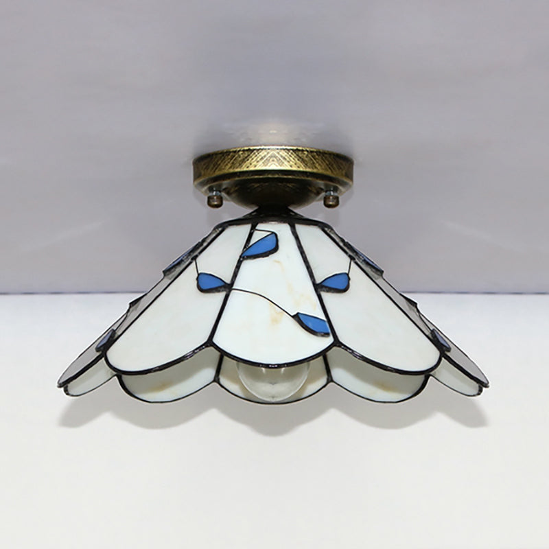 Blue Leaf Flush Mount Lighting Lodge Style Stained Glass Indoor Flush Ceiling Light in White/Clear for Bedroom Clearhalo 'Ceiling Lights' 'Close To Ceiling Lights' 'Close to ceiling' 'Glass shade' 'Glass' 'Semi-flushmount' 'Tiffany close to ceiling' 'Tiffany' Lighting' 180896