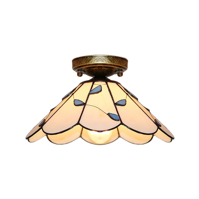 Blue Leaf Flush Mount Lighting Lodge Style Stained Glass Indoor Flush Ceiling Light in White/Clear for Bedroom Clearhalo 'Ceiling Lights' 'Close To Ceiling Lights' 'Close to ceiling' 'Glass shade' 'Glass' 'Semi-flushmount' 'Tiffany close to ceiling' 'Tiffany' Lighting' 180897