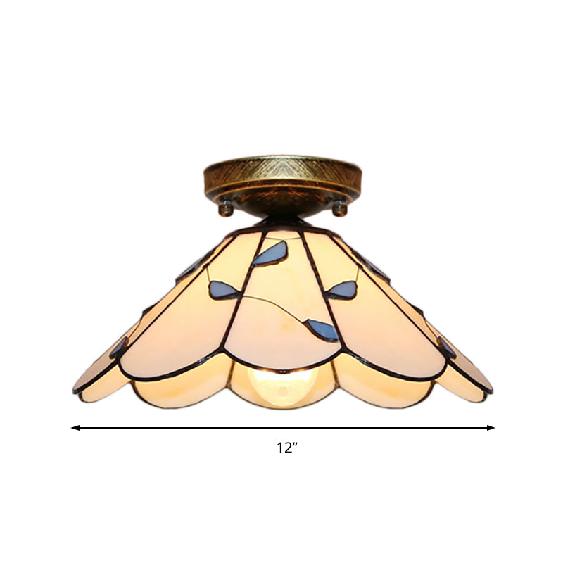 Blue Leaf Flush Mount Lighting Lodge Style Stained Glass Indoor Flush Ceiling Light in White/Clear for Bedroom Clearhalo 'Ceiling Lights' 'Close To Ceiling Lights' 'Close to ceiling' 'Glass shade' 'Glass' 'Semi-flushmount' 'Tiffany close to ceiling' 'Tiffany' Lighting' 180898