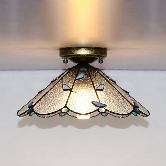 Blue Leaf Flush Mount Lighting Lodge Style Stained Glass Indoor Flush Ceiling Light in White/Clear for Bedroom Clear Clearhalo 'Ceiling Lights' 'Close To Ceiling Lights' 'Close to ceiling' 'Glass shade' 'Glass' 'Semi-flushmount' 'Tiffany close to ceiling' 'Tiffany' Lighting' 180899