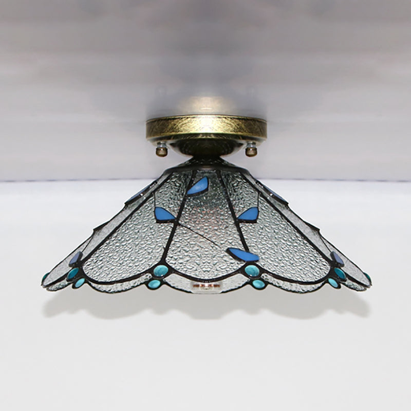 Blue Leaf Flush Mount Lighting Lodge Style Stained Glass Indoor Flush Ceiling Light in White/Clear for Bedroom Clearhalo 'Ceiling Lights' 'Close To Ceiling Lights' 'Close to ceiling' 'Glass shade' 'Glass' 'Semi-flushmount' 'Tiffany close to ceiling' 'Tiffany' Lighting' 180900
