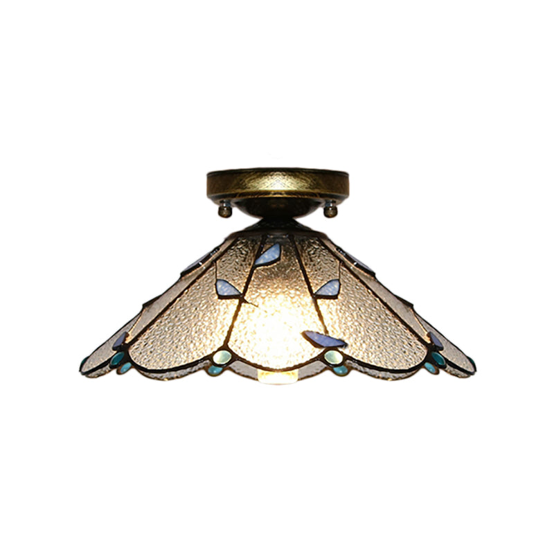 Blue Leaf Flush Mount Lighting Lodge Style Stained Glass Indoor Flush Ceiling Light in White/Clear for Bedroom Clearhalo 'Ceiling Lights' 'Close To Ceiling Lights' 'Close to ceiling' 'Glass shade' 'Glass' 'Semi-flushmount' 'Tiffany close to ceiling' 'Tiffany' Lighting' 180901