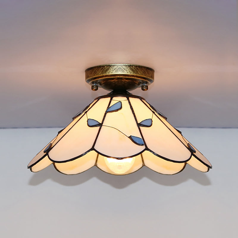 Tiffany Style Flush Light Fixture Nautical Stained Glass 1 Light Ceiling Flush Mount in Clear/White/Orange/Pink/Blue for Hallway White Clearhalo 'Ceiling Lights' 'Close To Ceiling Lights' 'Close to ceiling' 'Glass shade' 'Glass' 'Semi-flushmount' 'Tiffany close to ceiling' 'Tiffany' Lighting' 180906