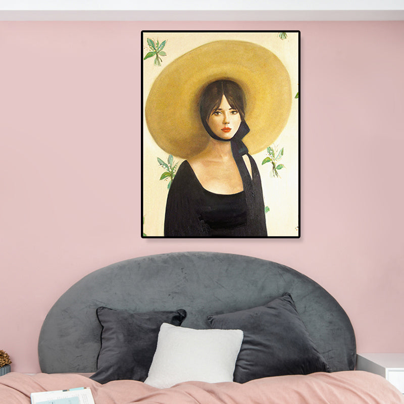 Yellow Traditional Wall Art Painting Print Woman with Straw Hat Canvas for Girls Room Yellow Clearhalo 'Art Gallery' 'Canvas Art' 'Traditional' Arts' 1809092