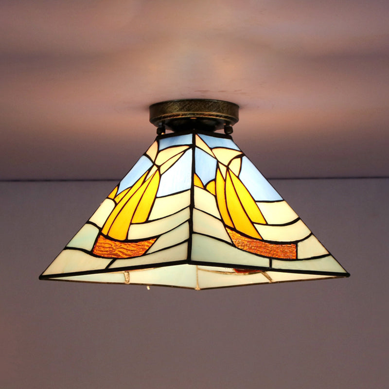 Tiffany Style Flush Light Fixture Nautical Stained Glass 1 Light Ceiling Flush Mount in Clear/White/Orange/Pink/Blue for Hallway Clearhalo 'Ceiling Lights' 'Close To Ceiling Lights' 'Close to ceiling' 'Glass shade' 'Glass' 'Semi-flushmount' 'Tiffany close to ceiling' 'Tiffany' Lighting' 180913