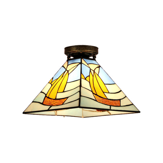Tiffany Style Flush Light Fixture Nautical Stained Glass 1 Light Ceiling Flush Mount in Clear/White/Orange/Pink/Blue for Hallway Clearhalo 'Ceiling Lights' 'Close To Ceiling Lights' 'Close to ceiling' 'Glass shade' 'Glass' 'Semi-flushmount' 'Tiffany close to ceiling' 'Tiffany' Lighting' 180914
