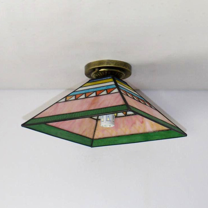 Tiffany Style Flush Light Fixture Nautical Stained Glass 1 Light Ceiling Flush Mount in Clear/White/Orange/Pink/Blue for Hallway Clearhalo 'Ceiling Lights' 'Close To Ceiling Lights' 'Close to ceiling' 'Glass shade' 'Glass' 'Semi-flushmount' 'Tiffany close to ceiling' 'Tiffany' Lighting' 180917