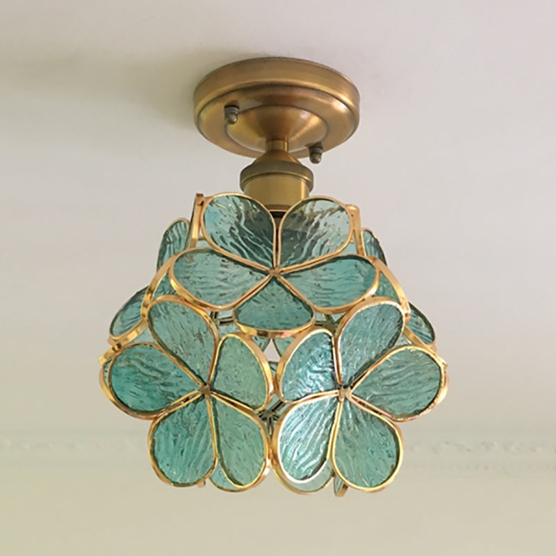 1 Light Pink/Blue/Green/Clear Floral Ceiling Light Fixture Retro Style Stained Glass Flushmount Light for Hallway Clearhalo 'Ceiling Lights' 'Close To Ceiling Lights' 'Close to ceiling' 'Glass shade' 'Glass' 'Semi-flushmount' 'Tiffany close to ceiling' 'Tiffany' Lighting' 180923