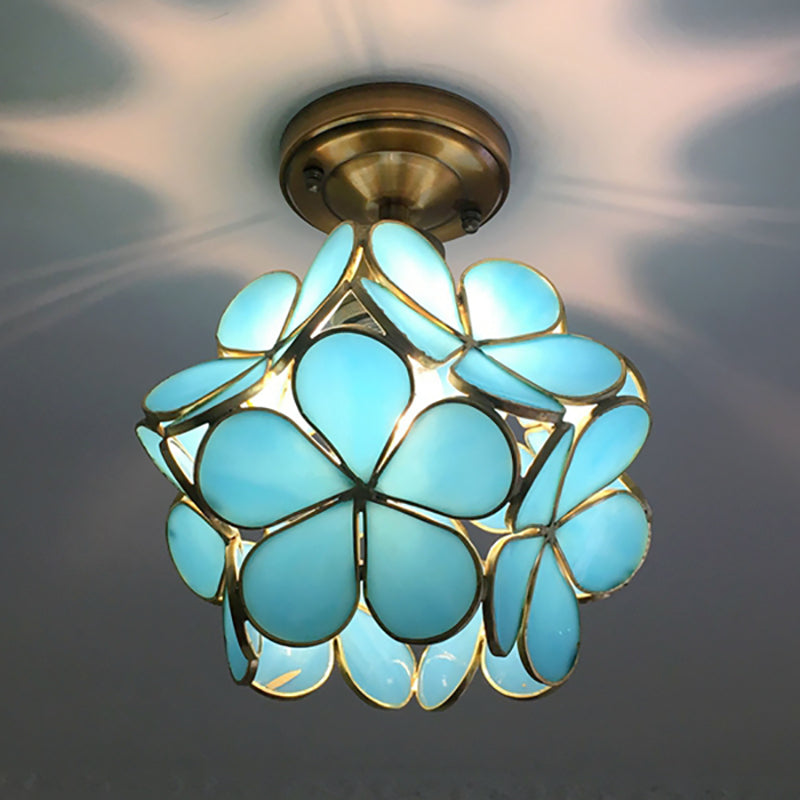 1 Light Pink/Blue/Green/Clear Floral Ceiling Light Fixture Retro Style Stained Glass Flushmount Light for Hallway Blue Clearhalo 'Ceiling Lights' 'Close To Ceiling Lights' 'Close to ceiling' 'Glass shade' 'Glass' 'Semi-flushmount' 'Tiffany close to ceiling' 'Tiffany' Lighting' 180926