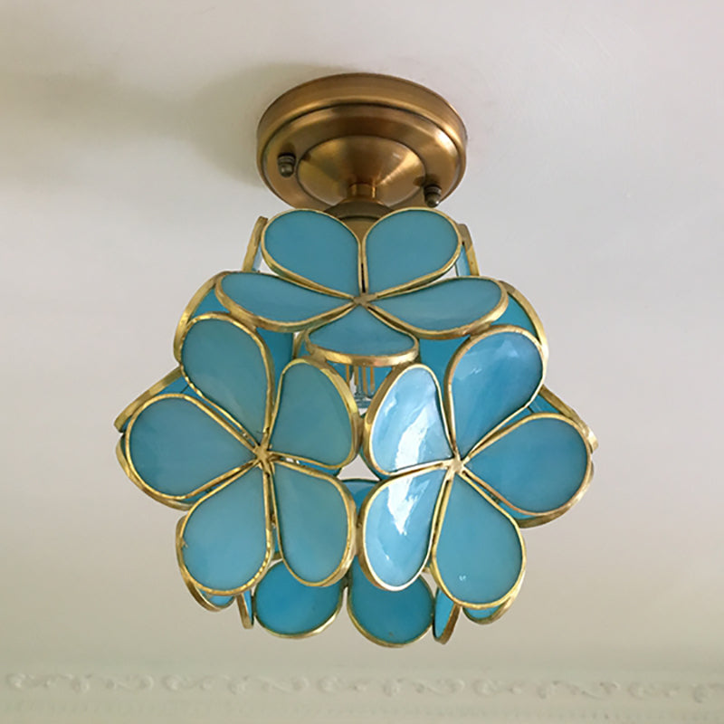 1 Light Pink/Blue/Green/Clear Floral Ceiling Light Fixture Retro Style Stained Glass Flushmount Light for Hallway Clearhalo 'Ceiling Lights' 'Close To Ceiling Lights' 'Close to ceiling' 'Glass shade' 'Glass' 'Semi-flushmount' 'Tiffany close to ceiling' 'Tiffany' Lighting' 180927