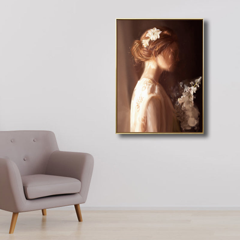 Light Brown Retro Canvas Painting Print Woman in White Wall Art Decor for Girls Room - Light Brown - Clearhalo - 'Arts' - 'Canvas Art' - 1809273