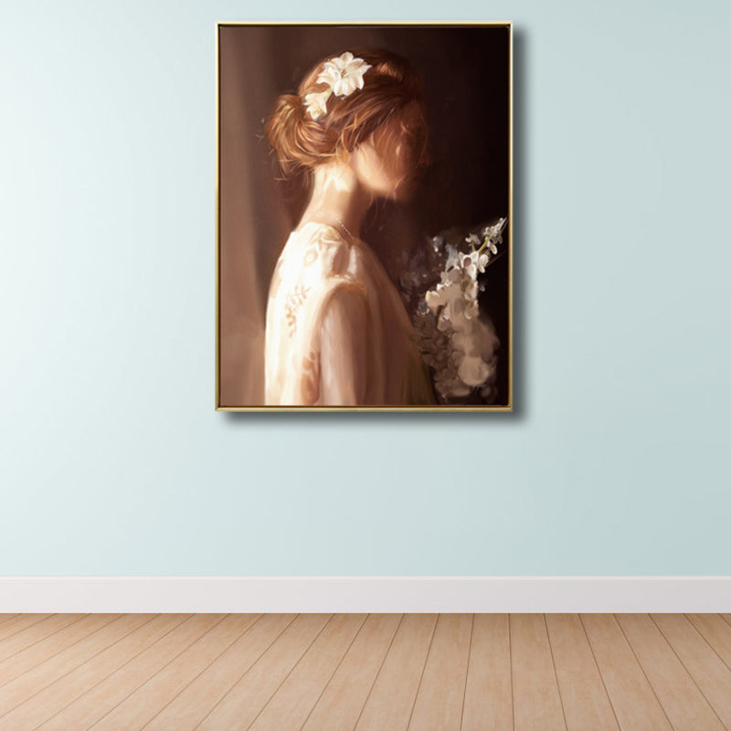 Light Brown Retro Canvas Painting Print Woman in White Wall Art Decor for Girls Room - Clearhalo - 'Arts' - 'Canvas Art' - 1809274