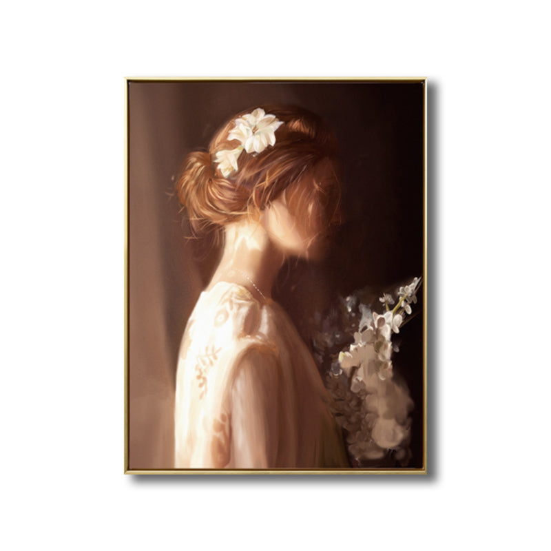 Light Brown Retro Canvas Painting Print Woman in White Wall Art Decor for Girls Room - Clearhalo - 'Arts' - 'Canvas Art' - 1809276