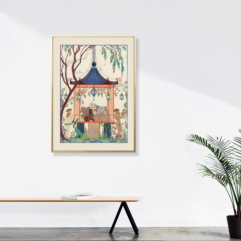 Asian Painting Print Pavilion Canvas Art Pastel Family Room Wall Decor, Textured - Clearhalo - 'Arts' - 'Canvas Art' - 1809278