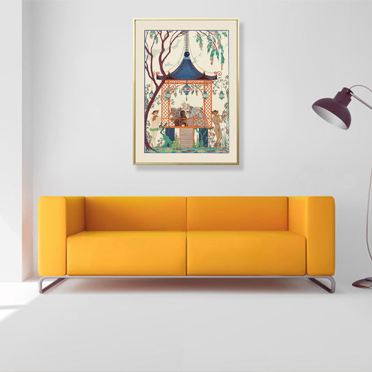 Asian Painting Print Pavilion Canvas Art Pastel Family Room Wall Decor, Textured - Clearhalo - 'Arts' - 'Canvas Art' - 1809279