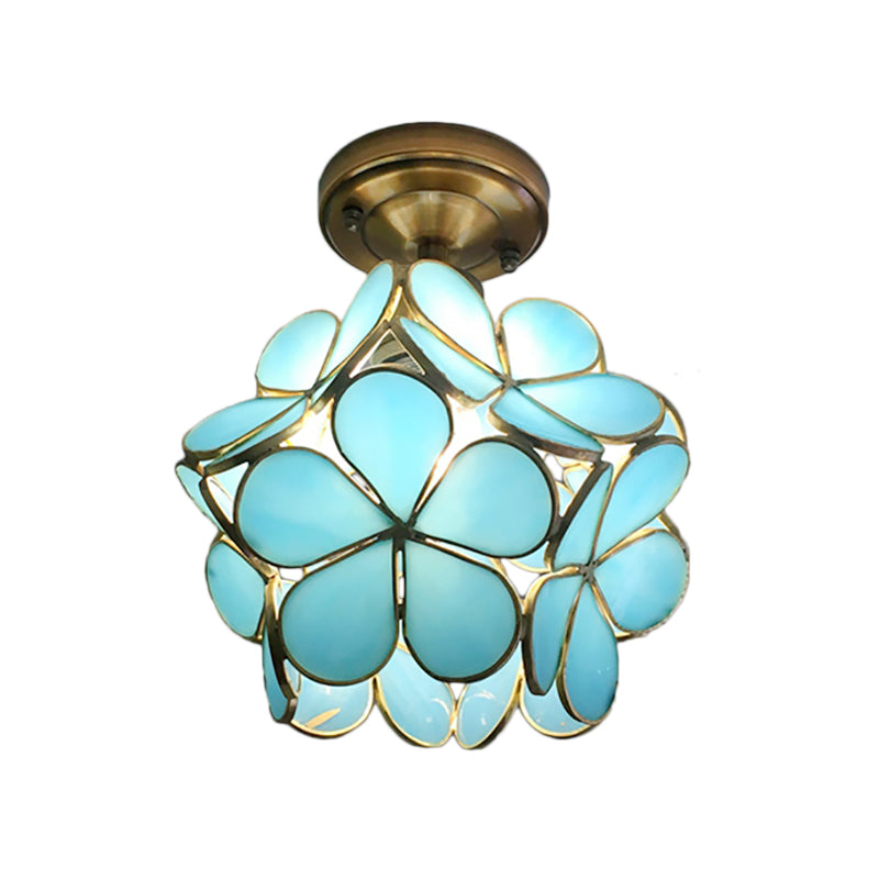 1 Light Pink/Blue/Green/Clear Floral Ceiling Light Fixture Retro Style Stained Glass Flushmount Light for Hallway Clearhalo 'Ceiling Lights' 'Close To Ceiling Lights' 'Close to ceiling' 'Glass shade' 'Glass' 'Semi-flushmount' 'Tiffany close to ceiling' 'Tiffany' Lighting' 180928