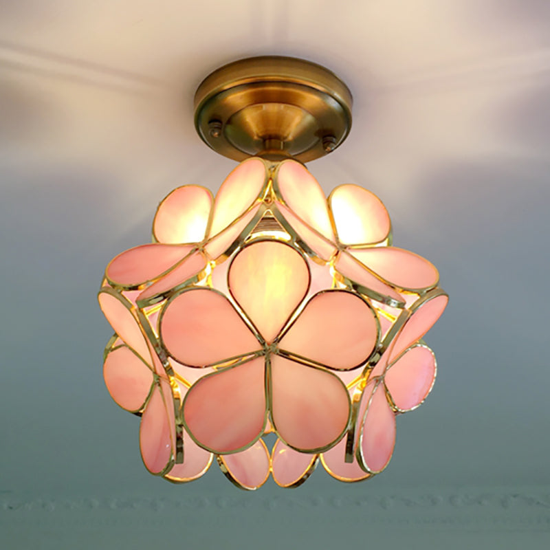 1 Light Pink/Blue/Green/Clear Floral Ceiling Light Fixture Retro Style Stained Glass Flushmount Light for Hallway Pink Clearhalo 'Ceiling Lights' 'Close To Ceiling Lights' 'Close to ceiling' 'Glass shade' 'Glass' 'Semi-flushmount' 'Tiffany close to ceiling' 'Tiffany' Lighting' 180929