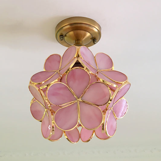 1 Light Pink/Blue/Green/Clear Floral Ceiling Light Fixture Retro Style Stained Glass Flushmount Light for Hallway Clearhalo 'Ceiling Lights' 'Close To Ceiling Lights' 'Close to ceiling' 'Glass shade' 'Glass' 'Semi-flushmount' 'Tiffany close to ceiling' 'Tiffany' Lighting' 180930