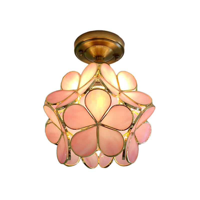 1 Light Pink/Blue/Green/Clear Floral Ceiling Light Fixture Retro Style Stained Glass Flushmount Light for Hallway Clearhalo 'Ceiling Lights' 'Close To Ceiling Lights' 'Close to ceiling' 'Glass shade' 'Glass' 'Semi-flushmount' 'Tiffany close to ceiling' 'Tiffany' Lighting' 180931