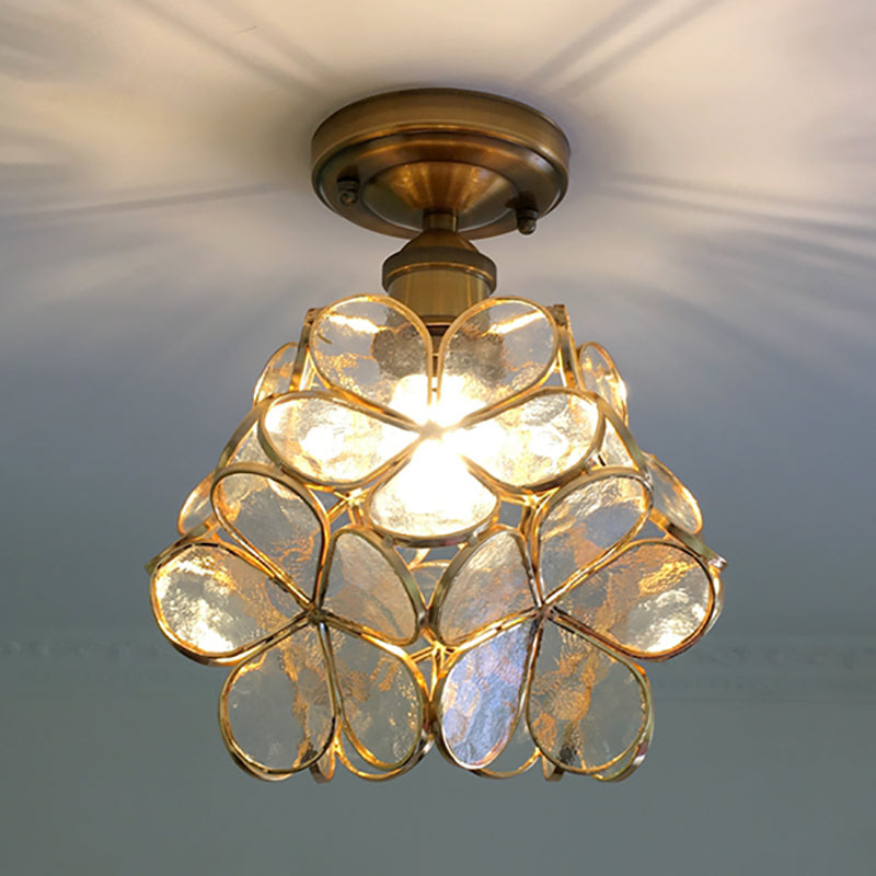 1 Light Pink/Blue/Green/Clear Floral Ceiling Light Fixture Retro Style Stained Glass Flushmount Light for Hallway Clear Clearhalo 'Ceiling Lights' 'Close To Ceiling Lights' 'Close to ceiling' 'Glass shade' 'Glass' 'Semi-flushmount' 'Tiffany close to ceiling' 'Tiffany' Lighting' 180932
