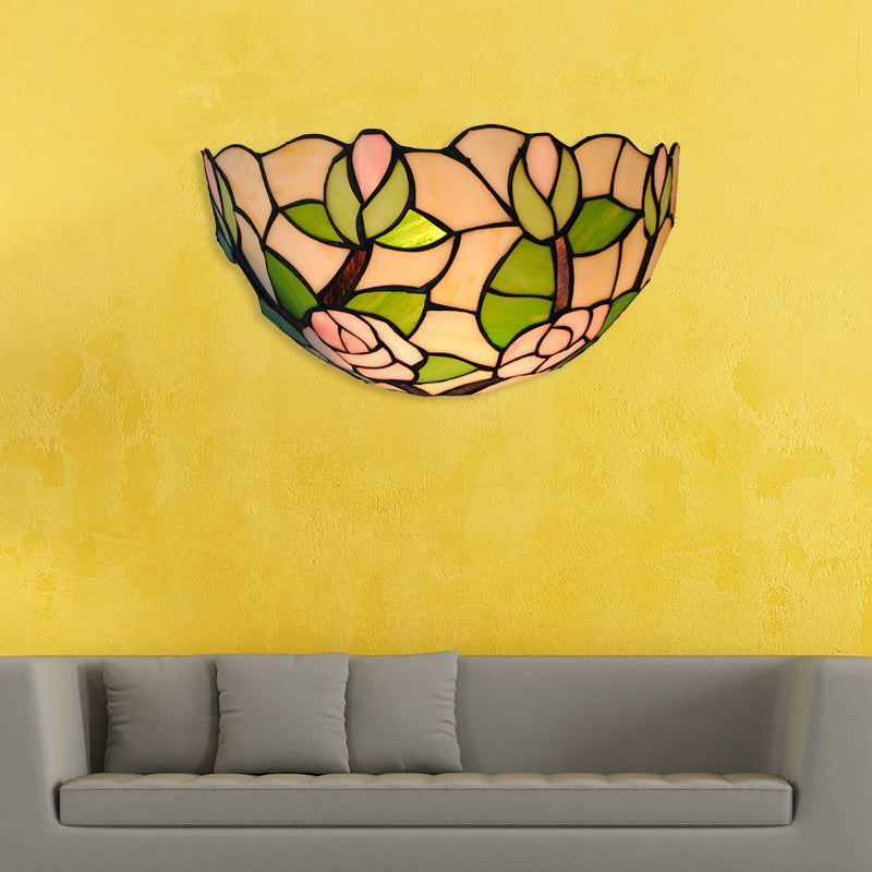 Green Bowl Wall Mount Light with Pink Rose Rustic 1 Head Stained Glass Mini Wall Lamp Green Clearhalo 'Industrial' 'Middle century wall lights' 'Tiffany wall lights' 'Tiffany' 'Wall Lamps & Sconces' 'Wall Lights' Lighting' 180935