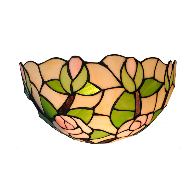 Green Bowl Wall Mount Light with Pink Rose Rustic 1 Head Stained Glass Mini Wall Lamp Clearhalo 'Industrial' 'Middle century wall lights' 'Tiffany wall lights' 'Tiffany' 'Wall Lamps & Sconces' 'Wall Lights' Lighting' 180937