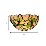 Green Bowl Wall Mount Light with Pink Rose Rustic 1 Head Stained Glass Mini Wall Lamp Clearhalo 'Industrial' 'Middle century wall lights' 'Tiffany wall lights' 'Tiffany' 'Wall Lamps & Sconces' 'Wall Lights' Lighting' 180938