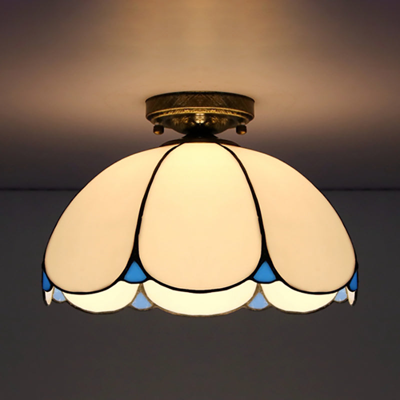 Vintage Scalloped Flush Light Stained Glass 1 Light Flush Mount Light in White/Beige/Blue/Clear/Blue and Clear for Living Room White Clearhalo 'Ceiling Lights' 'Close To Ceiling Lights' 'Close to ceiling' 'Glass shade' 'Glass' 'Semi-flushmount' 'Tiffany close to ceiling' 'Tiffany' Lighting' 180947