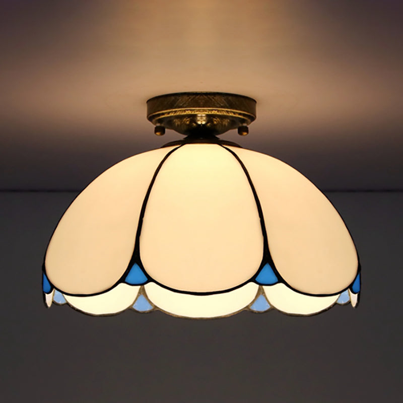 Vintage Scalloped Flush Light Stained Glass 1 Light Flush Mount Light in White/Beige/Blue/Clear/Blue and Clear for Living Room White Clearhalo 'Ceiling Lights' 'Close To Ceiling Lights' 'Close to ceiling' 'Glass shade' 'Glass' 'Semi-flushmount' 'Tiffany close to ceiling' 'Tiffany' Lighting' 180947