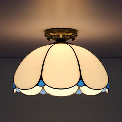 Vintage Scalloped Flush Light Stained Glass 1 Light Flush Mount Light in White/Beige/Blue/Clear/Blue and Clear for Living Room White Clearhalo 'Ceiling Lights' 'Close To Ceiling Lights' 'Close to ceiling' 'Glass shade' 'Glass' 'Semi-flushmount' 'Tiffany close to ceiling' 'Tiffany' Lighting' 180947