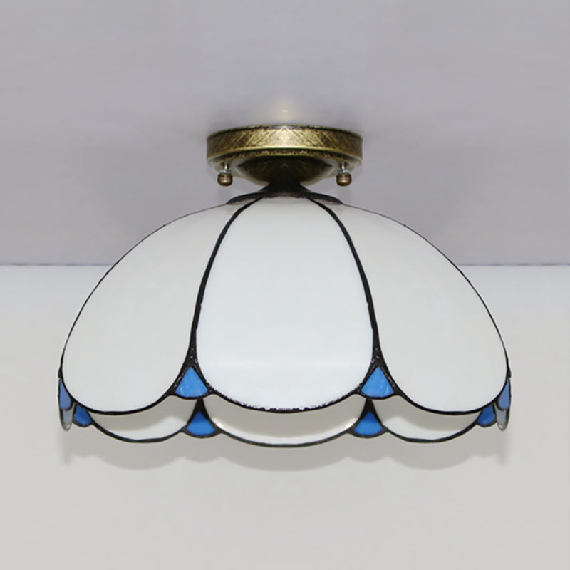 Vintage Scalloped Flush Light Stained Glass 1 Light Flush Mount Light in White/Beige/Blue/Clear/Blue and Clear for Living Room Clearhalo 'Ceiling Lights' 'Close To Ceiling Lights' 'Close to ceiling' 'Glass shade' 'Glass' 'Semi-flushmount' 'Tiffany close to ceiling' 'Tiffany' Lighting' 180948