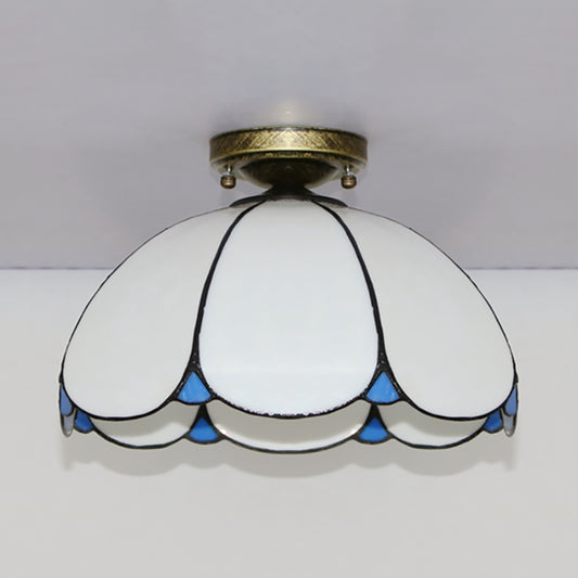 Vintage Scalloped Flush Light Stained Glass 1 Light Flush Mount Light in White/Beige/Blue/Clear/Blue and Clear for Living Room Clearhalo 'Ceiling Lights' 'Close To Ceiling Lights' 'Close to ceiling' 'Glass shade' 'Glass' 'Semi-flushmount' 'Tiffany close to ceiling' 'Tiffany' Lighting' 180948