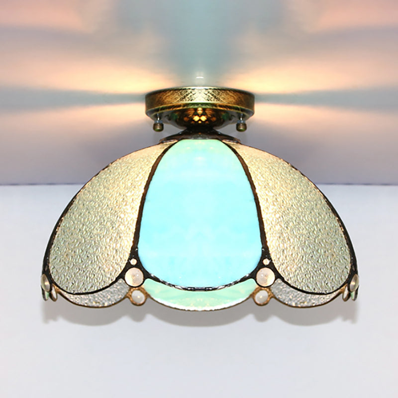Vintage Scalloped Flush Light Stained Glass 1 Light Flush Mount Light in White/Beige/Blue/Clear/Blue and Clear for Living Room Blue-Clear Clearhalo 'Ceiling Lights' 'Close To Ceiling Lights' 'Close to ceiling' 'Glass shade' 'Glass' 'Semi-flushmount' 'Tiffany close to ceiling' 'Tiffany' Lighting' 180951