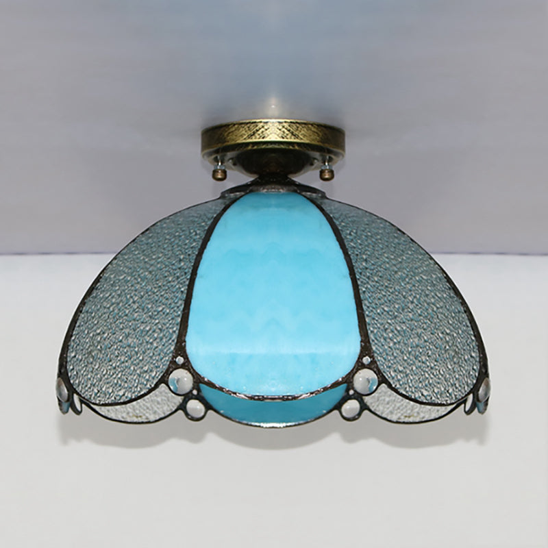 Vintage Scalloped Flush Light Stained Glass 1 Light Flush Mount Light in White/Beige/Blue/Clear/Blue and Clear for Living Room Clearhalo 'Ceiling Lights' 'Close To Ceiling Lights' 'Close to ceiling' 'Glass shade' 'Glass' 'Semi-flushmount' 'Tiffany close to ceiling' 'Tiffany' Lighting' 180952