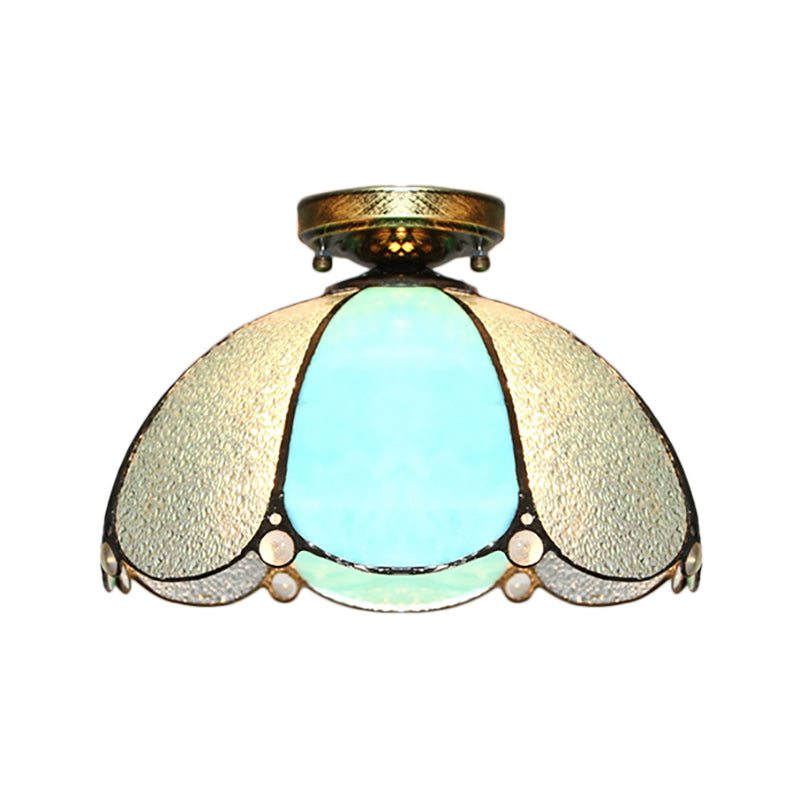Vintage Scalloped Flush Light Stained Glass 1 Light Flush Mount Light in White/Beige/Blue/Clear/Blue and Clear for Living Room Clearhalo 'Ceiling Lights' 'Close To Ceiling Lights' 'Close to ceiling' 'Glass shade' 'Glass' 'Semi-flushmount' 'Tiffany close to ceiling' 'Tiffany' Lighting' 180953
