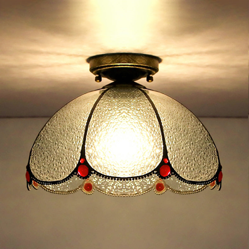 Vintage Scalloped Flush Light Stained Glass 1 Light Flush Mount Light in White/Beige/Blue/Clear/Blue and Clear for Living Room Clear Clearhalo 'Ceiling Lights' 'Close To Ceiling Lights' 'Close to ceiling' 'Glass shade' 'Glass' 'Semi-flushmount' 'Tiffany close to ceiling' 'Tiffany' Lighting' 180954