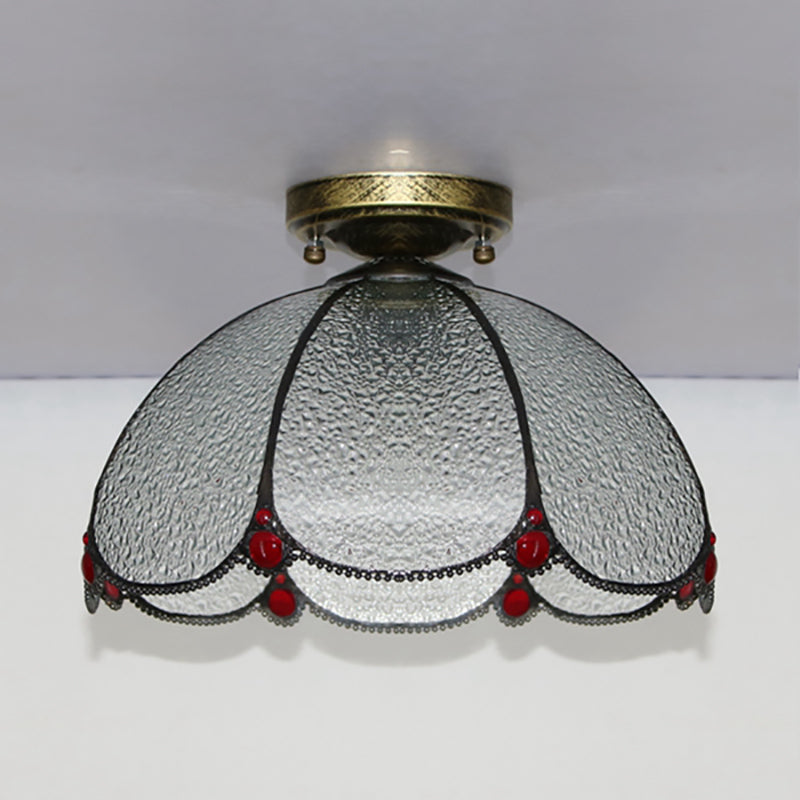 Vintage Scalloped Flush Light Stained Glass 1 Light Flush Mount Light in White/Beige/Blue/Clear/Blue and Clear for Living Room Clearhalo 'Ceiling Lights' 'Close To Ceiling Lights' 'Close to ceiling' 'Glass shade' 'Glass' 'Semi-flushmount' 'Tiffany close to ceiling' 'Tiffany' Lighting' 180955