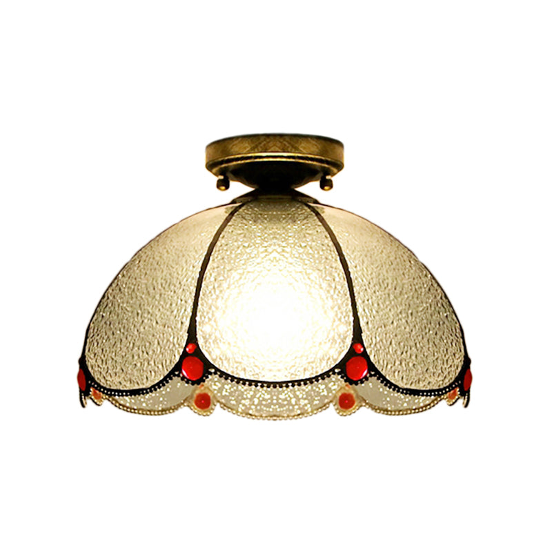 Vintage Scalloped Flush Light Stained Glass 1 Light Flush Mount Light in White/Beige/Blue/Clear/Blue and Clear for Living Room Clearhalo 'Ceiling Lights' 'Close To Ceiling Lights' 'Close to ceiling' 'Glass shade' 'Glass' 'Semi-flushmount' 'Tiffany close to ceiling' 'Tiffany' Lighting' 180956