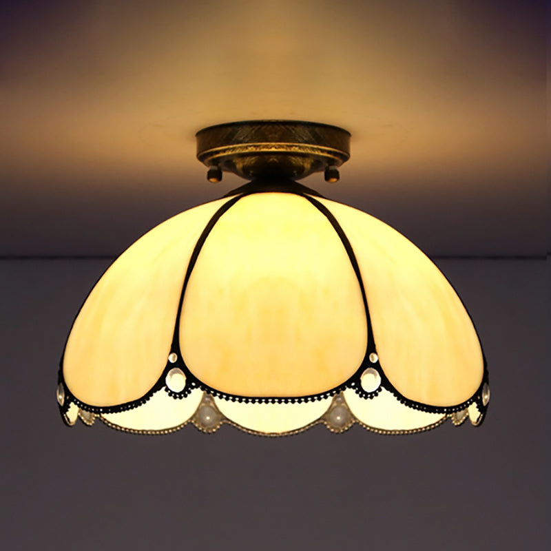 Vintage Scalloped Flush Light Stained Glass 1 Light Flush Mount Light in White/Beige/Blue/Clear/Blue and Clear for Living Room Beige Clearhalo 'Ceiling Lights' 'Close To Ceiling Lights' 'Close to ceiling' 'Glass shade' 'Glass' 'Semi-flushmount' 'Tiffany close to ceiling' 'Tiffany' Lighting' 180957