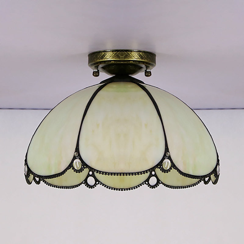 Vintage Scalloped Flush Light Stained Glass 1 Light Flush Mount Light in White/Beige/Blue/Clear/Blue and Clear for Living Room Clearhalo 'Ceiling Lights' 'Close To Ceiling Lights' 'Close to ceiling' 'Glass shade' 'Glass' 'Semi-flushmount' 'Tiffany close to ceiling' 'Tiffany' Lighting' 180958