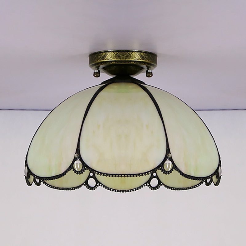 Vintage Scalloped Flush Light Stained Glass 1 Light Flush Mount Light in White/Beige/Blue/Clear/Blue and Clear for Living Room Clearhalo 'Ceiling Lights' 'Close To Ceiling Lights' 'Close to ceiling' 'Glass shade' 'Glass' 'Semi-flushmount' 'Tiffany close to ceiling' 'Tiffany' Lighting' 180958