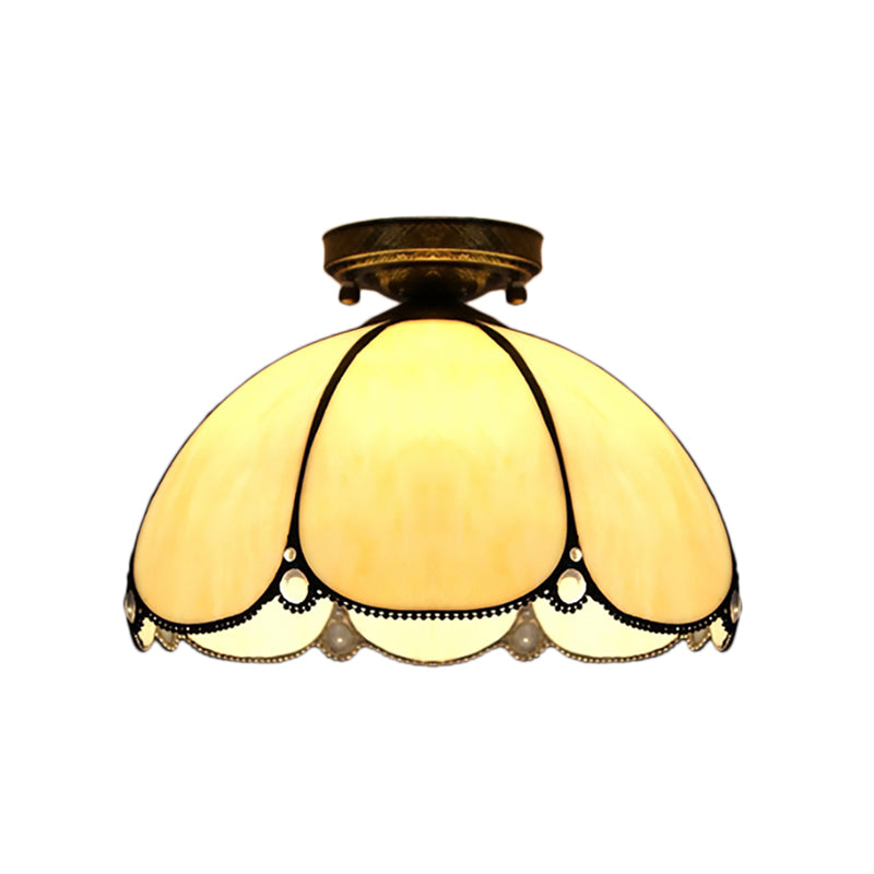 Vintage Scalloped Flush Light Stained Glass 1 Light Flush Mount Light in White/Beige/Blue/Clear/Blue and Clear for Living Room Clearhalo 'Ceiling Lights' 'Close To Ceiling Lights' 'Close to ceiling' 'Glass shade' 'Glass' 'Semi-flushmount' 'Tiffany close to ceiling' 'Tiffany' Lighting' 180959