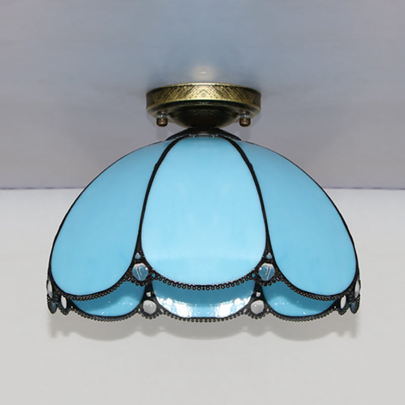 Vintage Scalloped Flush Light Stained Glass 1 Light Flush Mount Light in White/Beige/Blue/Clear/Blue and Clear for Living Room Blue Clearhalo 'Ceiling Lights' 'Close To Ceiling Lights' 'Close to ceiling' 'Glass shade' 'Glass' 'Semi-flushmount' 'Tiffany close to ceiling' 'Tiffany' Lighting' 180960