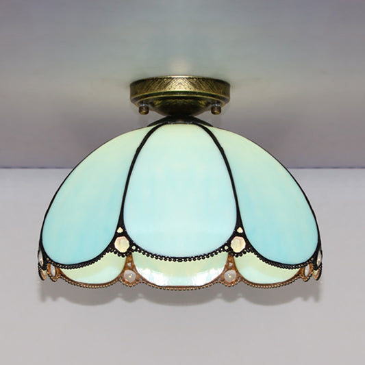 Vintage Scalloped Flush Light Stained Glass 1 Light Flush Mount Light in White/Beige/Blue/Clear/Blue and Clear for Living Room Clearhalo 'Ceiling Lights' 'Close To Ceiling Lights' 'Close to ceiling' 'Glass shade' 'Glass' 'Semi-flushmount' 'Tiffany close to ceiling' 'Tiffany' Lighting' 180961