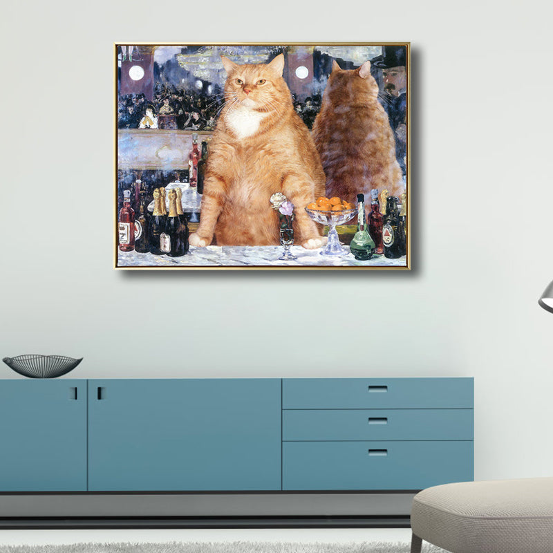 Illustration Chubby Cat Wall Art Print Soft Color Modern Wall Decor for Dining Room Yellow Clearhalo 'Arts' 'Canvas Art' 1809626