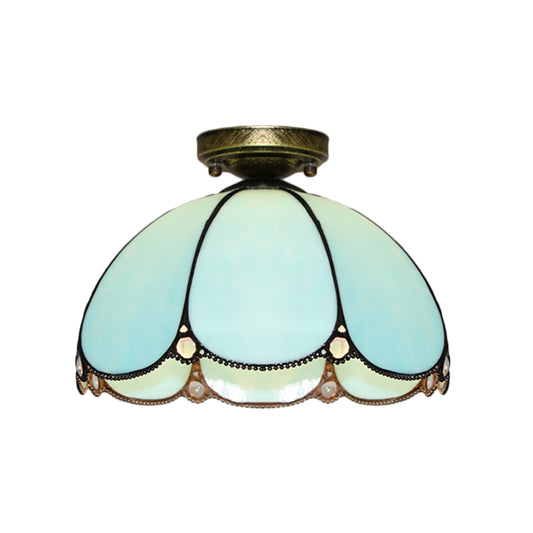 Vintage Scalloped Flush Light Stained Glass 1 Light Flush Mount Light in White/Beige/Blue/Clear/Blue and Clear for Living Room Clearhalo 'Ceiling Lights' 'Close To Ceiling Lights' 'Close to ceiling' 'Glass shade' 'Glass' 'Semi-flushmount' 'Tiffany close to ceiling' 'Tiffany' Lighting' 180962